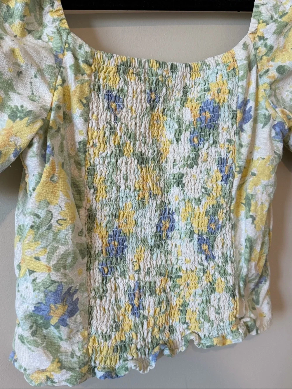 Abercrombie & Fitch Yellow and Blue Floral Puff-Sleeve Square Neck Top